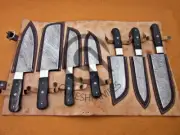 Custom Handmade Damascus Steel Kitchen Knife chef Set 7 Pies With Leather Sheath