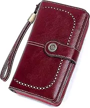 [Huakaile] Leather Wallet Women Rfid Blocking Large Capacity, Zip Around Long Wallet - Pu Phone Clutch Purse, Trifold Ladies Wallets Coins Zipper Pocket with Id Window, Card Holder Wristlet (Red)