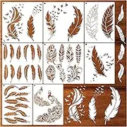 Feather Stencils for Painting on Wood, Peacock Stencils for Crafts Reusable Wood Burning Drawing Art Paint Stencils and Patterns for Wall Cake Cookie Canvas Furniture Paper, large, white