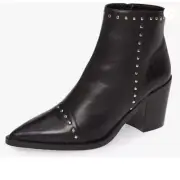 FSJ Women Block Low Mid Heels Ankle Boots Pointy Toe Rivets Studs Boots Black