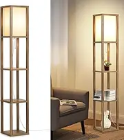Modern Shelf Floor Lamp with Fabric Lampshade, Corner Display Floor Lamps with Shelves for Living Room, Bedroom and Office, Wood Finish, E27 LED Bulb Included