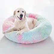 Large Cat Beds for Indoor Cats - Dog Beds for Small Medium Dogs, Large Cat Bed Washable 24 Inches, Anti Anxiety Round Fluffy Plush Faux Fur Pet Bed (Rainbow, Large 24" L x 24" W)