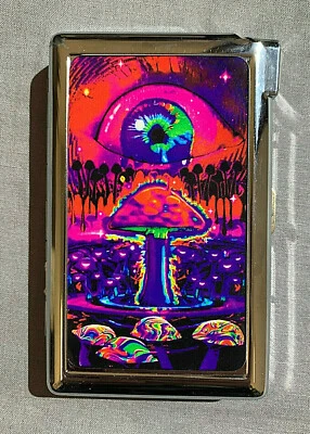 Colorful Trippy Mushroom World D1 100's Size Cigarette Case with lighter Wallet