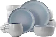 [Elama] Round Stoneware Mocha Collection Contemporary Dinnerware Dish Set, 16 Piece, Blue and White