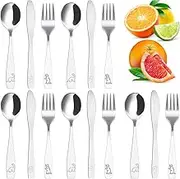 15Pcs Children's Cutlery Set 410 Stainless Steel Toddler Cutlery Kit Engraved Dinosaur Pattern Kids Fork Spoon and Cutter Set Ergonomic Smooth Toddler Utensils/Flatware, Dishwasher Safe -