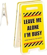 Memo Holder for Desk - Warning Sign Shaped Desktop Message Clip, Acrylic Desk Sign Leave Me Alone, I'm Busy - Humorous Offices Decor, Desk Signs for Work, Funny Warning Sign for Colleagues