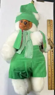 1989 Robert Raikes Bear, Elf 660335, Green Corduroy Scarf Jingle Bell Hat W/ Tag