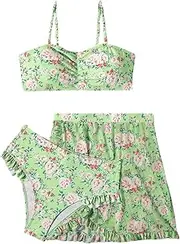 [Floerns] Girl's 3 Piece Bikini Set Floral Print Ruched Bathing Suits with Cover Up Skirt