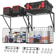 ThreeHio 2 Pack Garage Shelves Wall Mounted with Wire baskets, Heavy Duty Garage Wall Shelving with Hooks, Wire Shelf Baskets Tool Organizer for Home Garden Garage Organization and Storage