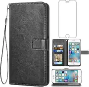 Asuwish Compatible with iPhone 6plus 6splus 6/6s Plus Wallet Case Tempered Glass Screen Protector Flip Card Holder Accessories Phone Cases for iPhone6 6+ iPhone6s 6s+ i 6P 6a Six iPhone6splus Black