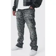 Mens Washed Black Plus Extreme Patchwork Double Layered Flared Jeans