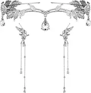 [Glenmal] 3 Pcs Fairy Rhinestone Leaf Headband Elf Butterfly Ear Cuffs Set for Brides Wedding Halloween Crown Women Cosplay, Medium, Alloy, Rhinestone, rhinestone