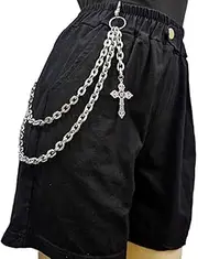 [DIKJAK] Double-Layer Silver Cross Chain for Pants - Punk Rock Hip Hop Waist Gothic Keychain Accessory for Edgy Jeans, Wallets, and Streetwear Unisex, Silver