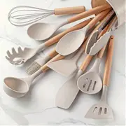 12pcs, Silicone Utensil Set, Khaki Kitchen Utensil Set With Wooden Handle, Safety Cooking Utensils Set, Non-Stick Kitchen Tools Set, Washable Modern C