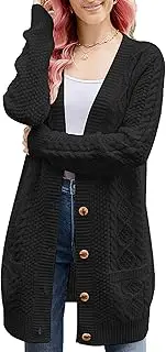 [Generic] Long Sleeve Open-Front Cardigan - Earthy Brown Cable Knit Design, Functional Pockets & Natural Wooden Buttons