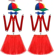 Hillban 8 Pcs Rainbow Propeller Hat Helicopter Top Hat Bow Tie Tulle Tutu Skirt Y Back Style Suspenders for Women Costume