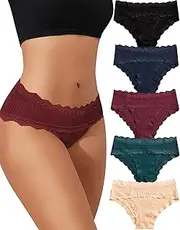 [Kingfung] Women's Cotton Underwear Bikini Panties for Women Lace Hipster Brief Ladies Cheeky Panties 5-Pack