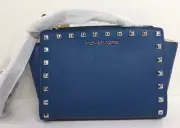 NWT Michael Kors Selma Stud Medium Messenger Crossbody Leather Steel Blue