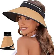 [PuTian] Sun Visor Hats for Women Wide Brim Ponytail Straw Summer Hat Roll-up Beach cap UPF50+ UV