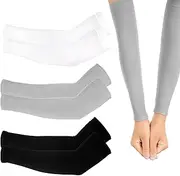 [Abeillo] 3Pairs Kids Arm Sleeves Thinly UV Sun Protection Cooling Arm Compression Sleeves, Outdoor Sport Breathable Elastic Ice Sleeve for Youth Boys Girls (7-12 Years) (Black&White&Grey), Black, Grey,