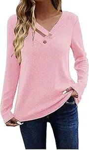 [Generic] Thick Shirts for Women Women Casual Ribbed Knit Tops Loose Fit Comfy V Neck Tunic Tops Trendy Tshirts Blouses Compression Shirt Long Sleeve
