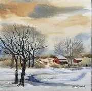 ￼ A BREAK IN THE ICE 7” x 7” Pamela Wilhelm watercolor Barns Field Furrows