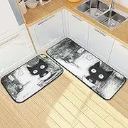 YXYZRMY Kitchen Mats for Floor, 2 Piece, Cat Cup Black Funny Cute Washable Non-Slip Kitchen Rugs Set for Home & Office, Sink, Laundry, 19.7” x 27.6” + 19.7” + 47.2”