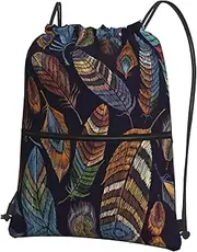 EdWal Peacock Feather Print Drawstring Backpack Gym Bags Sports Bags With Zipper Pocket For Travel Beach, Black, One Size