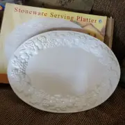 New White Large 18" Heavy Ceramic 3D Oval Platter Grape Berries leaves design