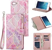 UEEBAI Wallet Case for iPhone 7 Plus iPhone 8 Plus, Premium Vintage PU Leather Magnetic Closure Geometric Handbag Zipper Pocket Case Kickstand Card Holder Slots TPU Shockproof Flip Cover - Pink&Purple