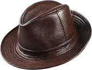 KJIASDFE Winter Hats,Jazz Cap Genuine Leather Men Cowhide Panama Top Hat Vintage Short Brim Fedora Hat for Middle Aged Brown