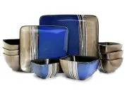 Elama Uptown Loft Blue 16 Piece Double Bowl Square Stoneware Dinnerware Dish Set