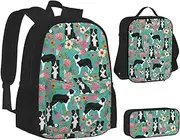[ERCgad] Border Collie Florals Print Canvas 3-In-1 School Bags Set Backpack Lunch Bag Pencil Case Combo For Men Women, Black, One Size
