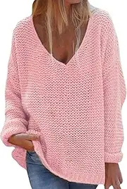 [Generic] Women's Knitted Sweater V-Neck Long-Sleeved Jumpers Casual Tops Pullover Loose Fit Warm Sweatershirt for Women
