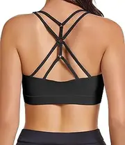 [Comper] Sports Bra for Women Criss Cross Back Strappy Padded Sports Bras Supportive Workout Yoga Bra, Black, Medium