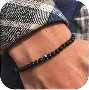 [Lameybrt] Men Link Bracelet, Natural Stretch Preppy Beaded Bracelet pack Unisex,ID Classic Beaded Bracelets kit with charms adjustable for Women, Men, teen girls, boys,Evil Eye Chain Bracelet for guy gifts