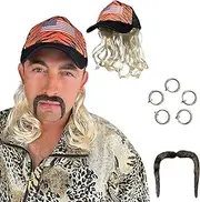 Watt's Wigs - Exotic Tiger Joe Costume Kit, Blonde Mullet Wig with Hat, Clip on Earrings, and Mustache - One Size Fits All
