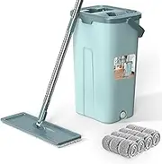 Aifacay Floor Mop with Bucket, Flat Squeeze Mop Bucket System Cleaning Supplies 360° Flexible Mop Head/8 Reusable Pads Home Hardwood Floor Cleaner Mops Extended Stainless Steel Handle Mops for Home