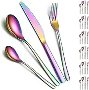 Cutlery Sets 24 Pieces Service for 6, ReaNea Rainbow Titanium Plating Flatware Set Include Dinner Knives, Dinner Spoons, Dinner Forks, Teaspoons, Dishwasher Safe