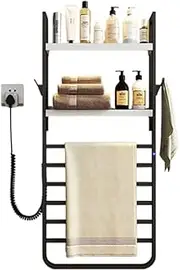 Heated Towel Rail, 70W Hot Towel Warmer with 10h Timer and Thermostatic Control, Wall Mounted Heated Towel Racks with Storage Shelves and Hooks for Bathroom, Black, Left Line