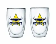 North QLD Queensland Cowboys NRL Set of 2 Double Wall Glasses Tea Coffee Spirits
