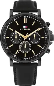 [Tommy Hilfiger] MEN'S BLACK DIAL BLACK LEATHER STRAP WATCH - 1792144, Black