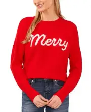 CeCe Women's Merry Script Long-Sleeve Cozy Sweater - Bright Cherry Size Large