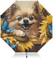 [PDZRMY] Pomeranian Dog Sunflower UV Protection Travel Umbrella Compact for Rain and Sun - Auto Open and Close UPF 50+ Windproof Portable 46” Sun Umbrella for Women and Men