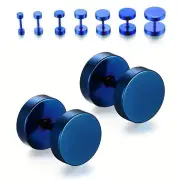 Pair Blue Flat Round Barbell Plug Stud Earrings 316 Stainless Steel Mens Unisex