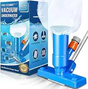 Portable Pool Vacuum for Above Ground Pool, Jet Underwater Cleaner with 3 Scrub Brush, Mesh Bag and 5 Section Pole of 47", Attach to Common Garden Hose, Light Blue
