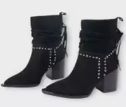 LALA IKAI Women's Fringe Black Ankle Boots Chunky Block Heel W/Rhinestones 9