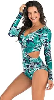 [GDDO] Women's One Piece Long Sleeve Rash Guard UV Protection Printed Surfing Swimsuit Swimwear Bathing Suit Underwire Zip One Piece Swimsuit