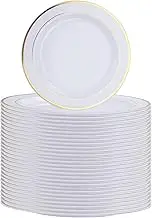 SENENQU 40 Pack Reusable Plastic Plates, 26cm / 10 inch Plastic Party Plates with Gold Rim, Unbreakable Plastic Dinner Plates for Weeding Birthday Party Catering