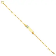 Real 14K Yellow Gold 6" Figaro Chain Evil Eye Blue Child Kid Baby ID Bracelet